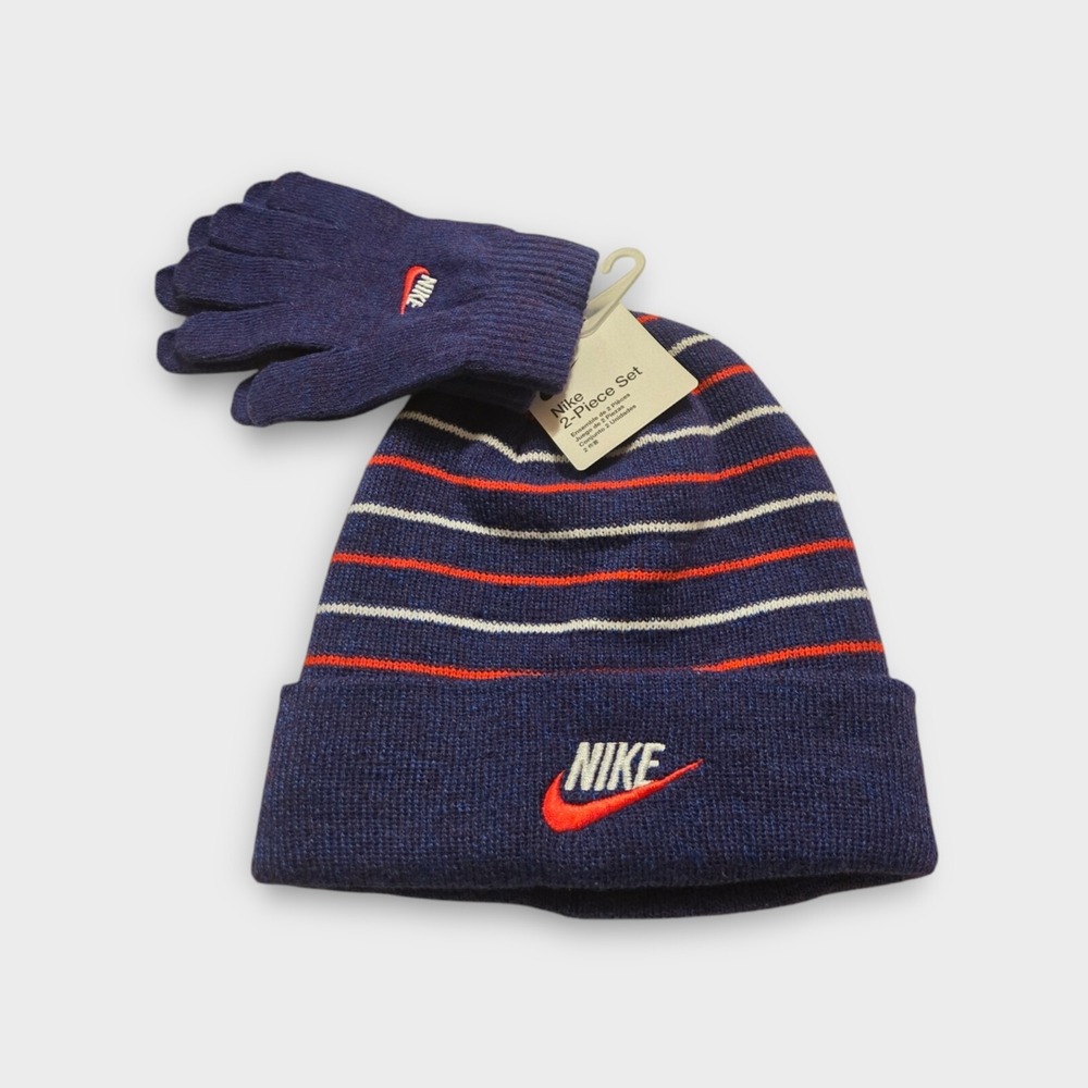 NIKE Beanie 2 Piece Hat & Gloves Boys Youth  Green Gray